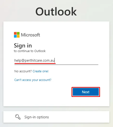 Microsoft 365 Outlook sign in window to enter your email address to access your emails in a browser