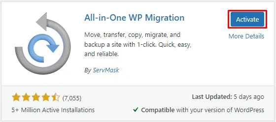 Wordpress plugin All-in-one WP Migration activate
