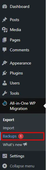 Wordpress plugin All-in-one WP Migration backups