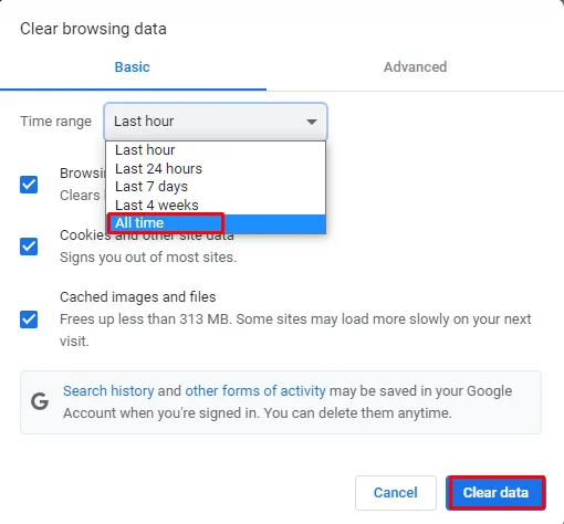 Google Chrome Clear Browsing data all time